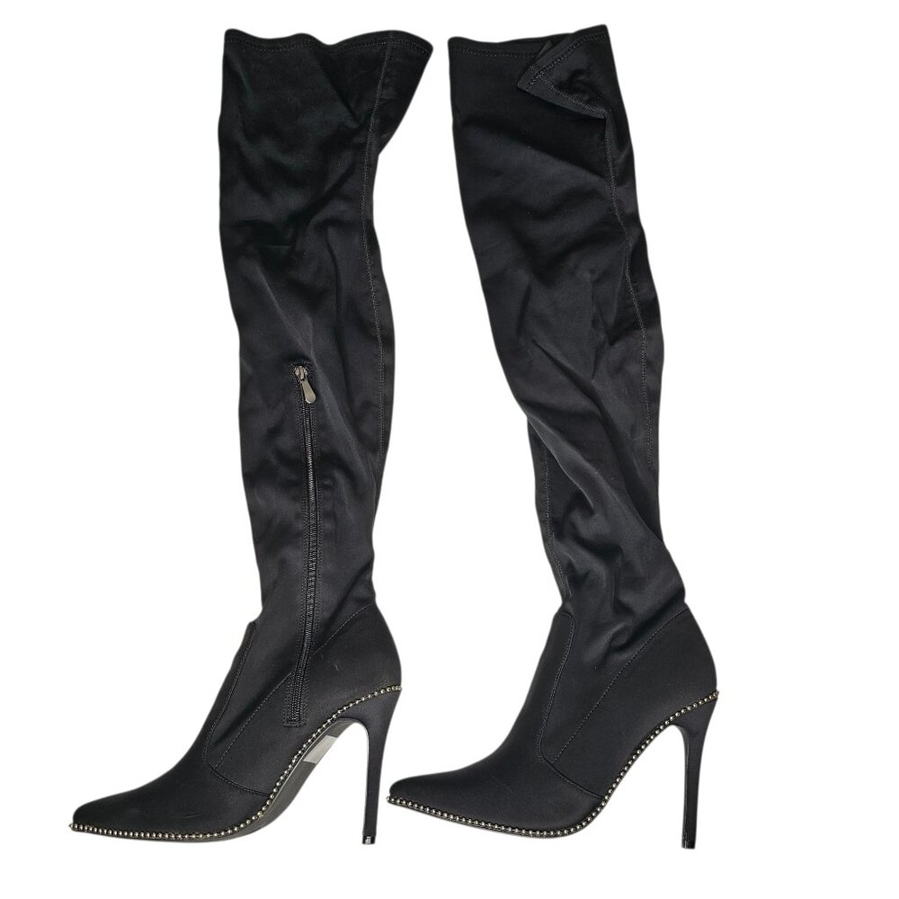 Fashion Nova Black Zip Up Over The Knee Tall Heeled Boot Gold Stud Trim Size 8